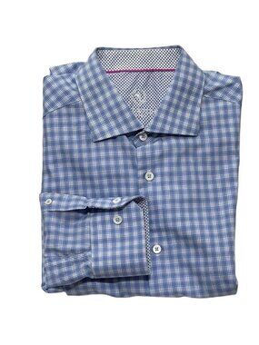 Bugatchi Mens Blue Check Long Sleeve Button-Up Shirt 100% Cotton Size L